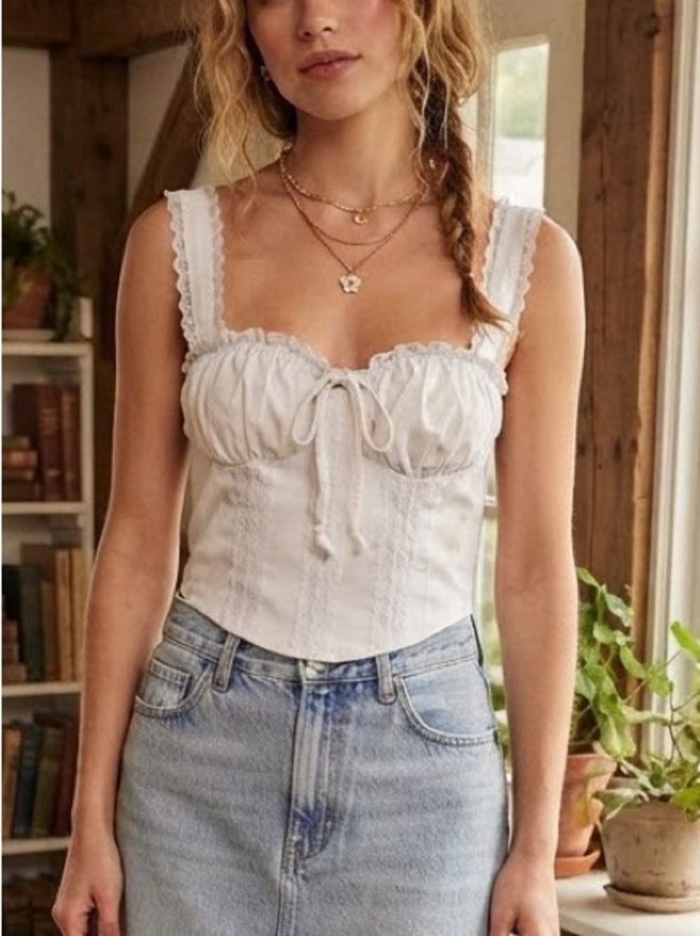 Cottage-Core Beverly and Beck Off-White Lace Corset Crop Top / Size XS